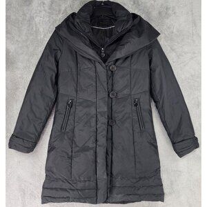 Tahari Puffer Jacket Womens Small Black Full Zip Button Long Sleeve Winter Coat